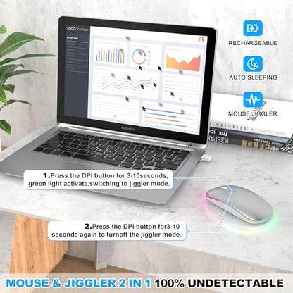 LED Bluetooth Wireless Mouse for MacBook Air Mac Pro Laptop iPad–Silver | Rechargeable Silent Light-Up Optical Mouse with Jiggler Dual Mode BT5.2 & USB-A/USB-C for Students Kids Girls Boys