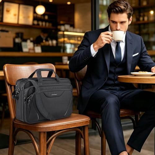 KROSER 17.3 Inch Laptop Computer Briefcase, Water-Repellent Messenger Bag | Expandable design, padded laptop compartment,shoulder strap and luggage strap for business, travel, men and women-Black/Grey - color: Black/Grey