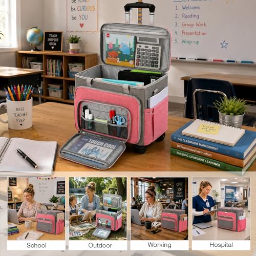 Rolling Teacher Bag With Wheels, Tote Organizer With Detachable Trolley - color: Pink