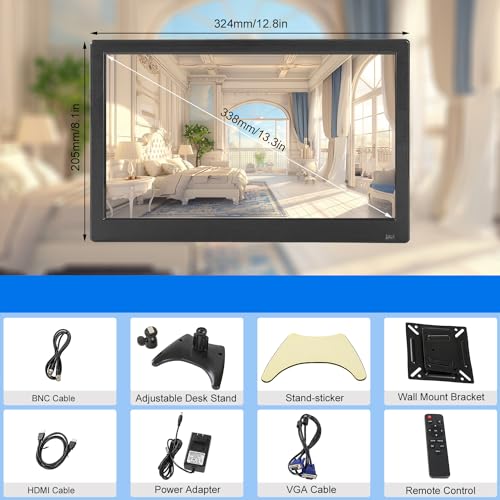 13.3 inch FHD Small IPS Monitor LCD Display Screen 1920x1080 60Hz 16:9 with BNC VGA AV Input Built-in Lounspeakers for CCTV Security Camera DVR PC RasPi - color: 13.3 Inch 1920x1080