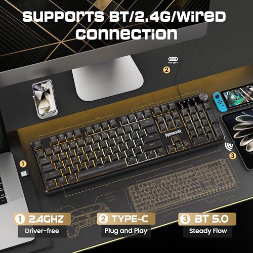 Redragon RM104 Wireless Gaming Keyboard with Knob, Tri-Mode BT/2.4G/USB-C RGB Computer Keyboards, 4000mAh Battery, Programmable Software Support, Anti-Ghosting, Compatible with PC Mac - color: Grayish Black