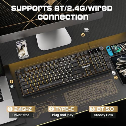 Redragon RM104 Wireless Gaming Keyboard with Knob, Tri-Mode BT/2.4G/USB-C RGB Computer Keyboards, 4000mAh Battery, Programmable Software Support, Anti-Ghosting, Compatible with PC Mac - color: Grayish Black