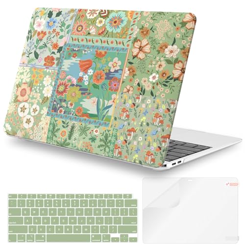 iCasso for MacBook Air 13 inch Case 2020 2019 2018 Release A2337 M1 A2179 A1932, Flower Hard Shell Protective Case for MacBook Air 13.3 inch + Keyboard Cover + Screen Film, Green Flower - color: B-Green Patchwork