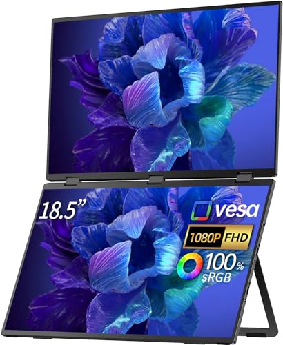 18.5" FHD 1080P Dual Portable Monitor 100% sRGB Laptop Screen Extender, 330° Screen Adjustment & 135° Stand, VESA Mountable, USB-C/HDMI, Travel Monitor for Laptop, Windows