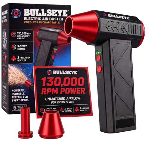 BULLSEYE Blaster 130000 RPM Electric Air Duster, Rechargeable Cordless Compressed Air Blower for Computer Cleaning, Keyboard, Electronics, Car Detailing, 3 Speed Turbo, 2 Nozzles – As Seen on TV