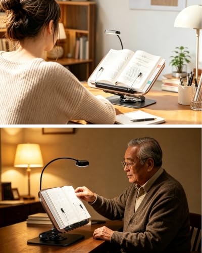 Book Stand for Reading, Adjustable Book Holder with 360° Rotating Bases, Multifunctional Display Stand for Recipe, Cookbooks, Magazines (Dark Wood with Light) - color: Dark Wood With Light