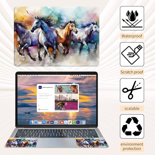 Laptop Skin Sticker 3-Piece Set,Horses Running | Trim-to-fit 3-piece vinyl set with one 15 x 10.6 in lid skin and two palm-rest decals for many 12-15.6 in laptops - color: Horses Running