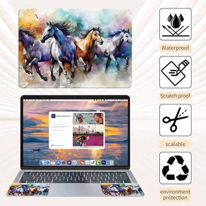 Laptop Skin Sticker 3-Piece Set,Horses Running | Trim-to-fit 3-piece vinyl set with one 15 x 10.6 in lid skin and two palm-rest decals for many 12-15.6 in laptops - color: Horses Running