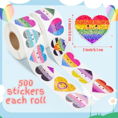LGBTQ Glitter Heart Sticker - 2Rolls Pride Month Smile Design Waterproof Self Adhesive Residue Free Removal for Laptop Water Bottle Scrapbook LGBTQ Gay Bar Party Decoration Craft Decor - style: LGBTQ Glitter Heart
