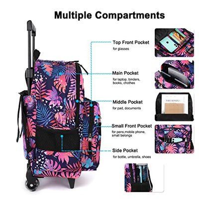 Tilami Rolling Backpack 18 inch Double Handle with Lunch Bag Wheeled Kids Backpack, Leaves Pink - color: Leaves Pink
