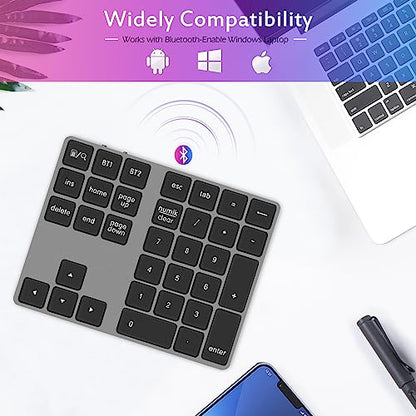 Foloda Bluetooth Number Pad for Laptop, Wireless 10 Keys USB Number Keypad, Rechargeable Numeric Keypad Numpad Extensions Data Entry Keyboard for PC iMac MacBook Notebook - color: Grey