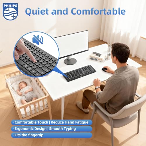 PHILIPS Full-Size Slim Wireless Bluetooth Keyboard, 108-Key with Number Pad, 3-Device Switching, 2.4GHz + Bluetooth, Quiet Low-Profile Keyboard for Windows, Mac, iPad and Android, Laptop, PC