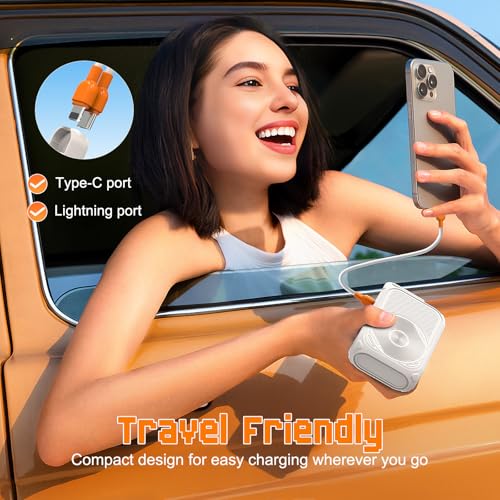 SEANCHEER P05 Portable Charger, Magnetic Power Bank, Small Wireless PowerBank, Battery Pack10000mAh Travel Essentials Fast Charging with Built in Cable, Foldable Wall Plug for iPhone,Samsung,Andriod - color: Cream Yellow