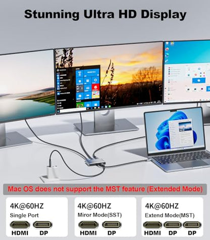 USB C to Dual DisplayPort Adapter and HDMI with 100W PD Charging, Triple 4K60Hz Monitor Extender for Dell/Surface Pro/HP, DP Splitter Extended Display Hub, Laptop Multi-Screen Adapter - size: 32cm