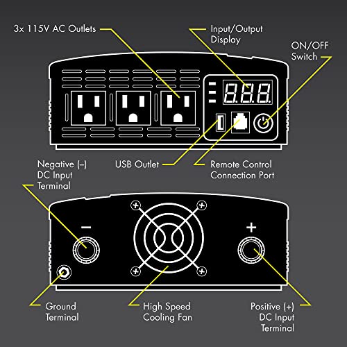Wagan EL3732 1250W Slimline Plus AC to DC Power Inverter 1250 Watt TrueRated Continuous 2600 Watt Surge Power DC 12V to AC 110V Illuminated Display 2 AC Outlets and 2A USB Charging Port - size: 1250W