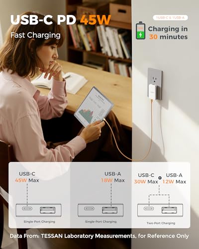 Flat Wall Charger USB C PD 45W, TESSAN Flat USB Wall Plug Foldable | 1 USB C and 1 USB A, Outlet Adapter, Fast Charging Block, Ultra Slim Charger, for Travel - size: USB-A&C PD45W
