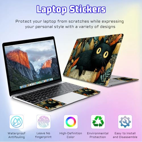 Universal Laptop Skin Sticker Decal, Compatible with MacBook HP Dell Lenovo 12"-15.6", Reusable Vinyl Notebook Cover 3PCS Set, High-Recognition Film-Black Cat in Foliage - color: Black Cat in Foliage
