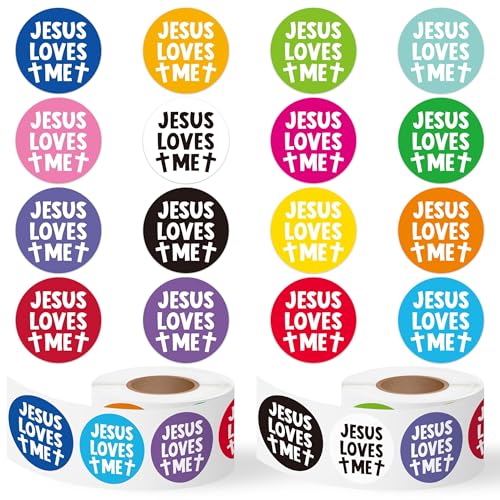 CNhoqc Jesus Round Sticker Rolls - 1000Pcs Jesus Loves Me Round Bible Verse Stickers Water Bottle Laptop Self-Adhesive Waterproof Vinyl Basket Stuffers Christian Birthday Party Supplies Card Making - style: Jesus Loves Me（Round）