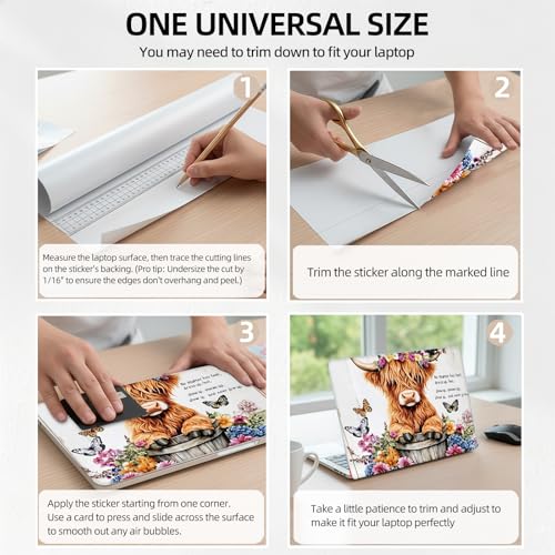 Highland Cow in Flower Bucket Floral Universal Laptop Skin Sticker 3PCS, Protective Decal Trim-to-Fit 11.6" 13.3" 14" 15.6" Laptop Vinyl Cover, Removable Anti-Scratch Computer Decal Protector - color: Highland Cow in Flower Bucket Floral