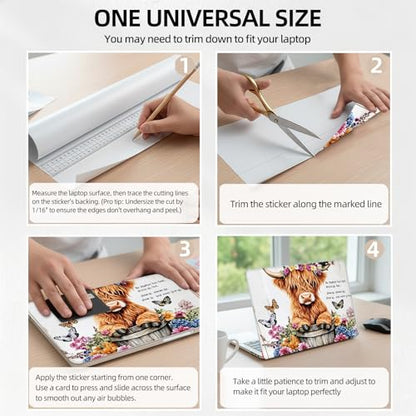 Highland Cow in Flower Bucket Floral Universal Laptop Skin Sticker 3PCS, Protective Decal Trim-to-Fit 11.6" 13.3" 14" 15.6" Laptop Vinyl Cover, Removable Anti-Scratch Computer Decal Protector - color: Highland Cow in Flower Bucket Floral