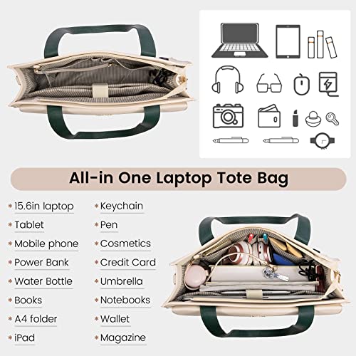 LOVEVOOK Laptop Tote for Women - 15.6 Inch Professional Leather Computer Briefcase with Waterproof Handbag Shoulder Bag Large Capacity Business Teacher Office Crossbody Purse - color: Dark Green/Beige-1, size: 15.6 Inch
