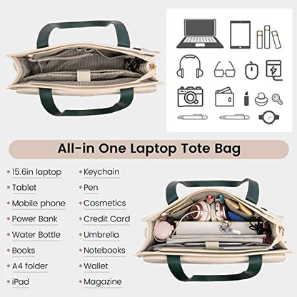 LOVEVOOK Laptop Tote for Women - 15.6 Inch Professional Leather Computer Briefcase with Waterproof Handbag Shoulder Bag Large Capacity Business Teacher Office Crossbody Purse - color: Dark Green/Beige-1, size: 15.6 Inch