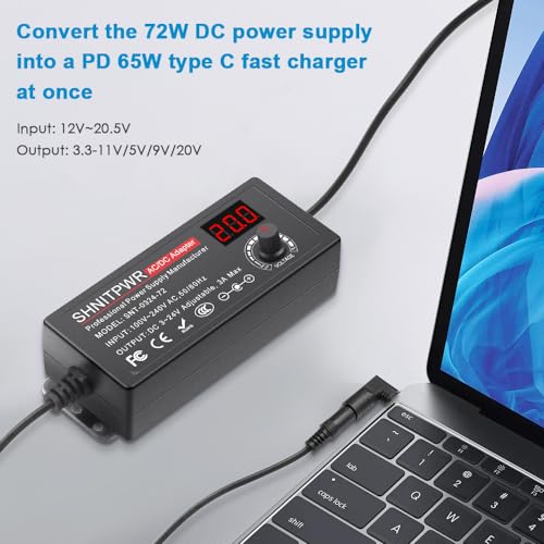 SHNITPWR 72W universal Power Supply Adjustable DC 3.5V ~ 24V 3A AC/DC Adapter with USB C Charger PD 65W Upgraded 100V-240V AC to DC Converter Variable Power Adapter,14 Tips,Alligator Clips Power Cable - color: Pro