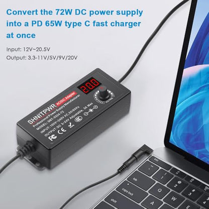 SHNITPWR 72W universal Power Supply Adjustable DC 3.5V ~ 24V 3A AC/DC Adapter with USB C Charger PD 65W Upgraded 100V-240V AC to DC Converter Variable Power Adapter,14 Tips,Alligator Clips Power Cable - color: Pro