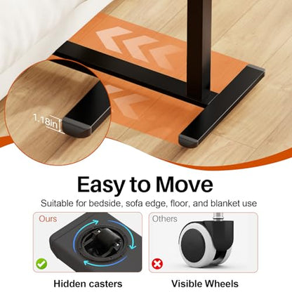 Overbed Table with Wheels, Pneumatic Height and Tilting Desktop | Top Tilts 0-60° with Anti-Slip Stops, Hook, Capacity 66 lbs, 1.18 in Low-Profile Base Slides Easily Under Beds and Sofa - color: Black