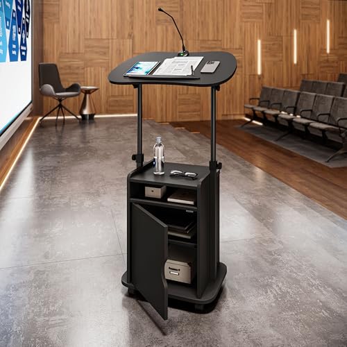 Techni Mobili Adjustable Laptop Cart w/Storage, Rolling Mobile Desk, Black | Adjustable laptop cart with storage cabinet, shelf, locking wheels, sit‑stand height for home office, bedside, classroom - color: Black