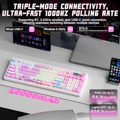 LINGBAO K98 PRO Anime Mechanical Wireless Gaming Keyboard with Screen Knob | Tri-Mode BT5.0/2.4G/USB-C, Gasket Mount Hot Swappable Linear Switches, RGB Backlit Creamy Sounding for PC/Mac Office& Gaming - color: K98Pro | 10000mAh | Anime Pink