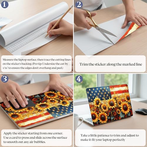 Universal Laptop Skin Sticker Decal,15.6 Inch Laptop Vinyl Cover for 13" 14" 15.6" Laptop,Scratch-Resistant Waterproof Protector Wrap,Reusable with Wrist Pads,Sunflower Field American Flag - color: Sunflower Field American Flag