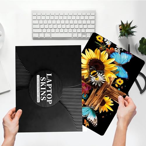 Universal Laptop Skin Sticker with 2 Wrist Pad Skins, Waterproof Scratch Resistant Vinyl Laptop Cover Decal, Cut to Fit for 11–15.6 Inch MacBook HP Dell Lenovo, Cross Sunflower Butterfly - color: Cross Sunflower Butterfly