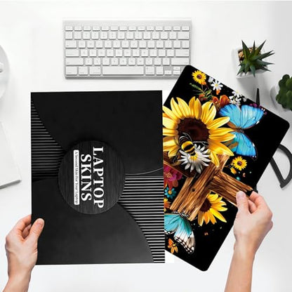 Universal Laptop Skin Sticker with 2 Wrist Pad Skins, Waterproof Scratch Resistant Vinyl Laptop Cover Decal, Cut to Fit for 11–15.6 Inch MacBook HP Dell Lenovo, Cross Sunflower Butterfly - color: Cross Sunflower Butterfly