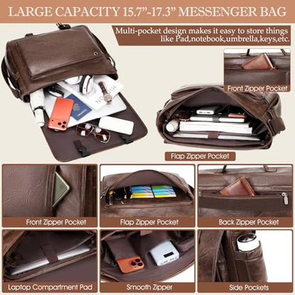 Messenger Bag for Men: Laptop Bag PU Leather Work Briefcase Large Carry On Computer for Office College Travel - color: Pu Coffee
