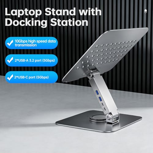 EJAY 360 Rotating Laptop Stand with 10Gbps USB 3.2 Hub, Heavy Duty Aluminum Computer Riser for Desk, Adjustable Ergonomic Holder for MacBook Pro Air, Dell, HP, Office