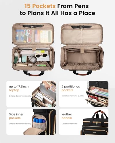 LOVEVOOK Rolling Teacher Bag, Laptop Tote with Detachable Dolly | Fits 17.3 Inch Laptop, Detachable Dolly, Large Rolling Tote Bag for Teacher Office Work Nurse, Adjustable Handle - color: Black-brown