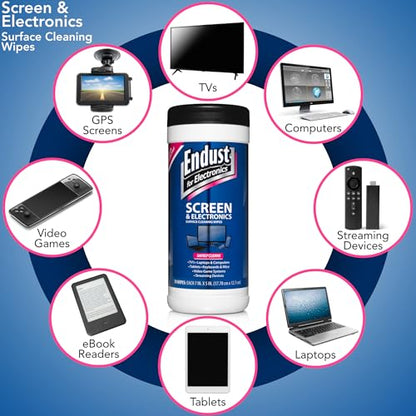 Endust For Electronics; Screen & Surface Cleaning Wipes, For TV, Phone, Computer Monitor, Laptop, Tablet, Pre-Moistened, Alcohol and Ammonia Free, 70 Count, 6 Pack (11506P6)