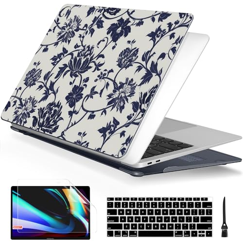 Batianda LumiArt Case for MacBook Air 13" M1 Chip, Navy Flowers | Fits Model A2337/A2179/A1932, 2018-2020; 1.2mm Slim Lightweight Hard Shell Cover, Scratch Resistant,4-in-1 Accessories Bundle - color: Navy flowers