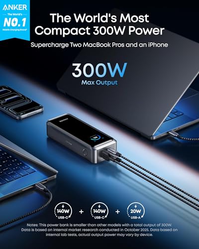 Anker Prime Power Bank, 26,250mAh 300W Fast Charging | 3-Port Portable Charger, Two-Way Charging, TSA-Approved, App Control, for MacBook, iPhone 17 / 16 Series (Base Not Included)