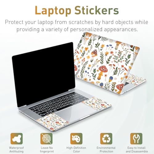 12.1-15.6 Inch Laptop Skin Decal, Universal Reusable Vinyl Laptop Cover Sticker, Waterproof Art Protector with Cute Mushroom & Nice Plants Theme - color: Cute Mushroom Nice Plants