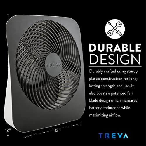 Treva 10-Inch Portable Desk Battery Fan, Powered by Battery and/or AC Adapter - Air Circulating with 2 Cooling Speeds, With Built In USB Charging Port