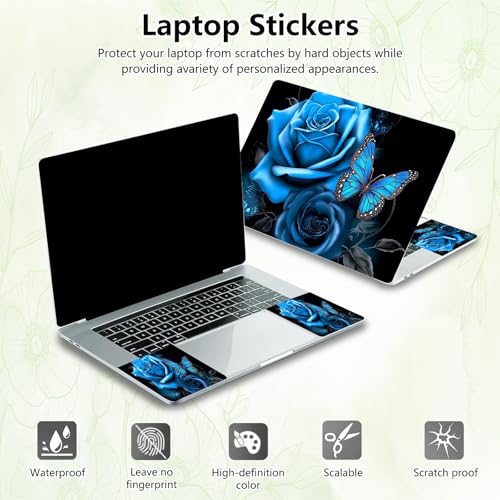 Laptop Skin Sticker Decal, Universal Reusable Vinyl Laptop Cover for 12" 13" 13.3" 14" 15" 15.4" 15.6" Notebook PC, Reusable Waterproof Scratch-Resistant with 2 Wrist Pads,Blue Rose Butterfly - color: Blue Rose Butterfly