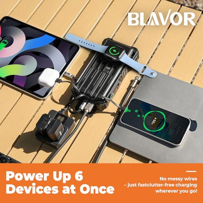 BLAVOR Solar Power Bank 20000mAh Built-in Cables, Wireless Charger for Phones & Apple Watch, 20W Fast Charging Battery Pack with USB C, Flashlight, Solar Charger for iPhone, iPad, iWatch, Samsung - color: Dull black