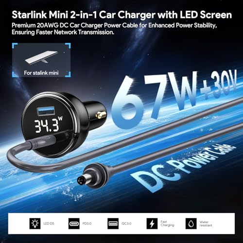 QUIDDITY Starlink Mini Car Adapter, Starlink Mini Car Charger, 12V-24V Cigarette Lighter Adapter with Digital Display, PD 67W + USB-A 30W, Starlinks MiNI X Waterproof Cable for Cars, Trucks, RVs 10FT - size: 10 FT