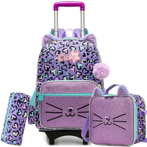 Kids Backpack with Wheels for Girls 6-8,Rolling School Backpack Lightweight with Removable Trolley,Cute Bookbag for Students - color: Purple Leopard Print Cat