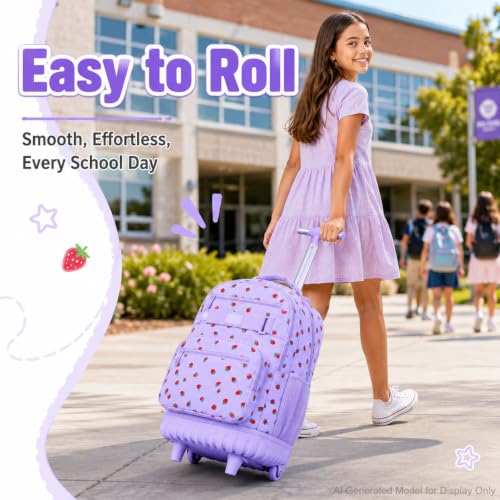 3Pcs Rolling Backpack for Girls, School Roller Bookbag with Wheels, Strawberry Wheeled Backpacks Set for Women (Purple) - color: Purple Strawberry