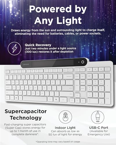 Lenovo 800 Self-Charging Bluetooth Keyboard, Uses Ambient Light for Charging, Bluetooth 5.1, Supports 3 Devices, Battery Free, Wireless, White - color: White