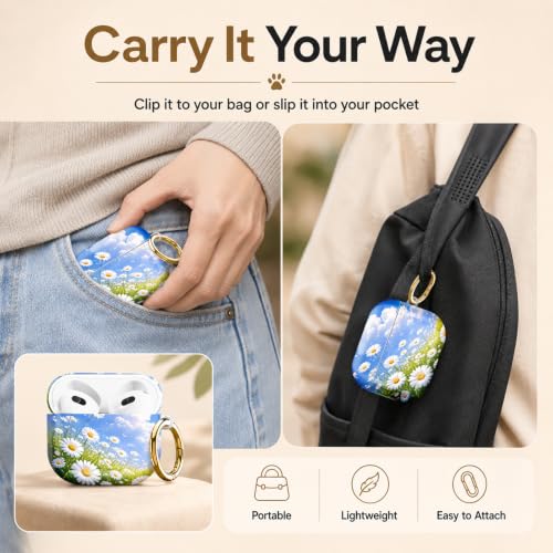 Compatible with AirPod 4 Case 2024, Cute Hard Plastic Protective Cover for Airpod 4th Generation Women, Shockproof Shell Skin with Gold Ring Keychain,Daisy Field Sky Clouds Green - color: Daisy Field Sky Clouds Green