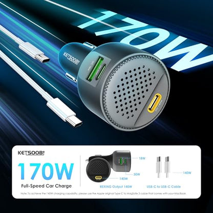 170W Car USB Charger with Built-in Heat Dissipation System, 3 Ports Car Adapter PD 3.1 140W/ PD 30W+QC18W Compatible with MacBook, Laptop, iPhone 17/16/15, Samsung Galaxy S24 (Black)
